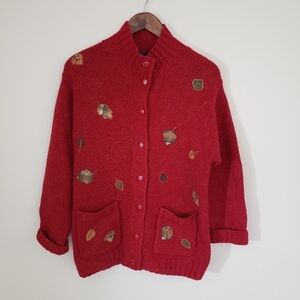 Wool Cardigan Sweater Womens Size Medium Red Embroidered Leaves Vintage Tulchan